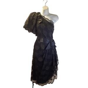 Estevez Vintage Black Lace Puff Shoulder Bow Midi Evening Cocktail Dress 4 USA